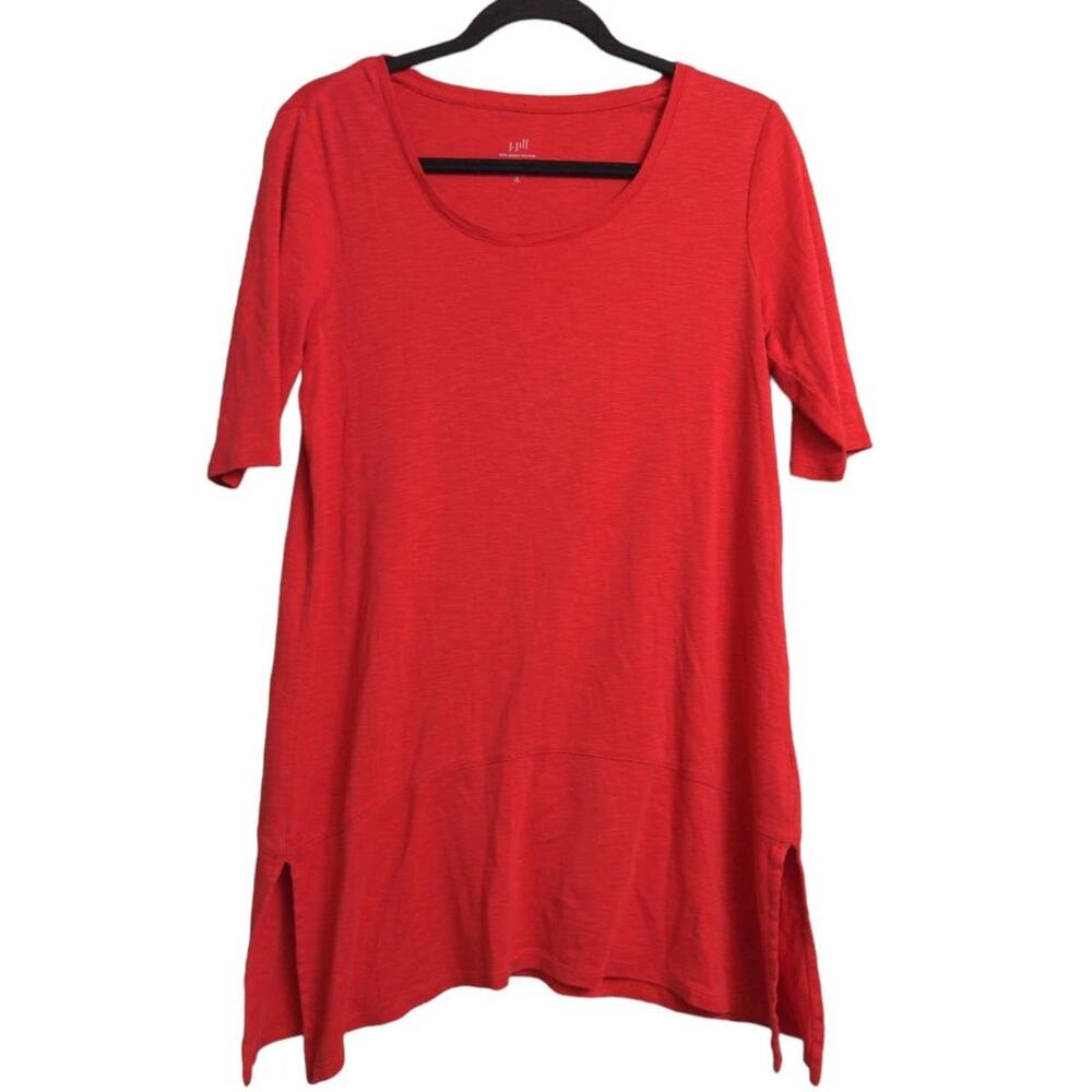 J. Jill Pima Dipped Hem Tunic Top Red Orange Short Sleeve Shark Bite Slit S Tall